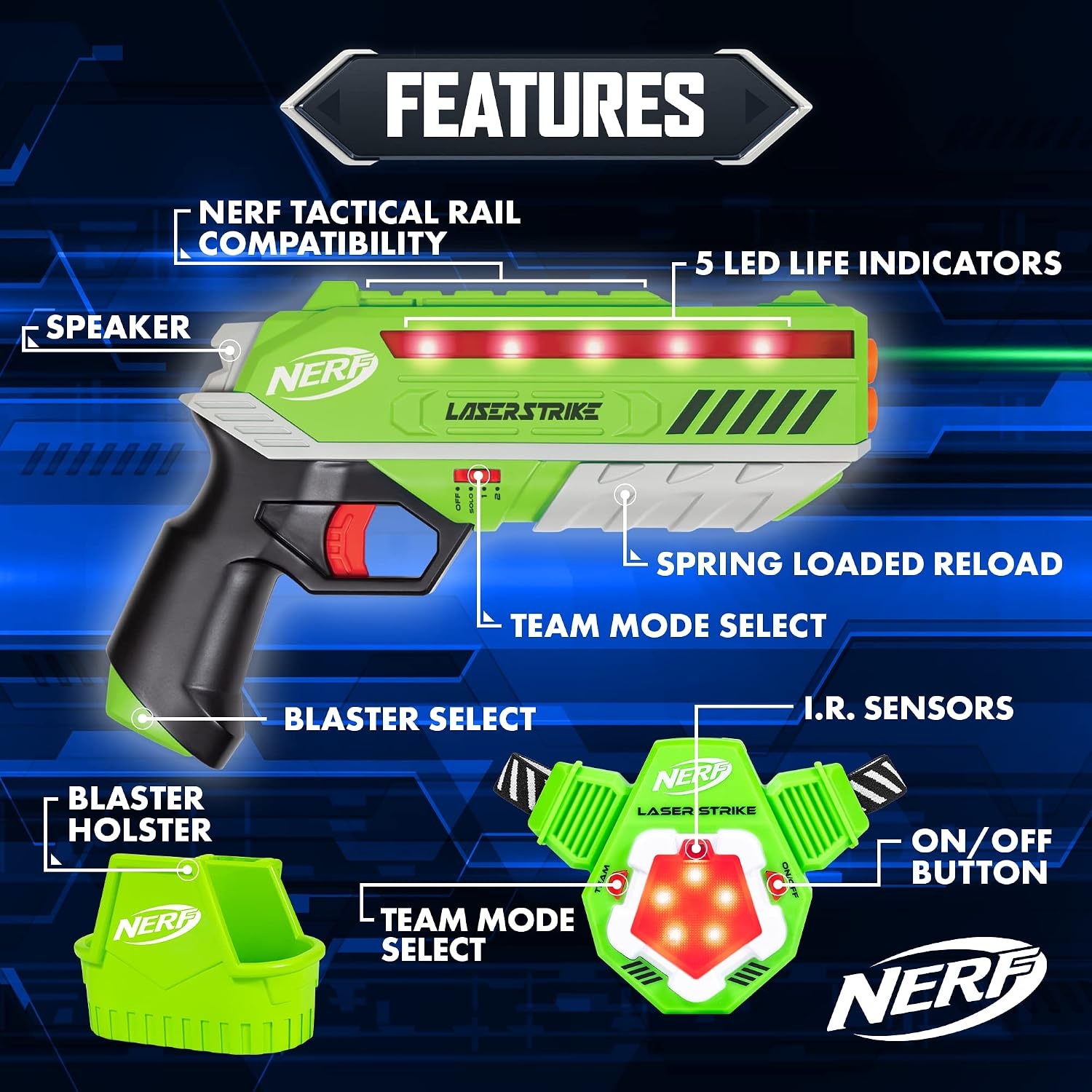image:imageNERF Laser Strike 4 Player Laser Tag Game Pack Complete with 4 300ft Range Blasters 4 Target Vests amp 4 Holsters  Indoor or Outdoor Play Arcade Games Toys for Kids amp Family