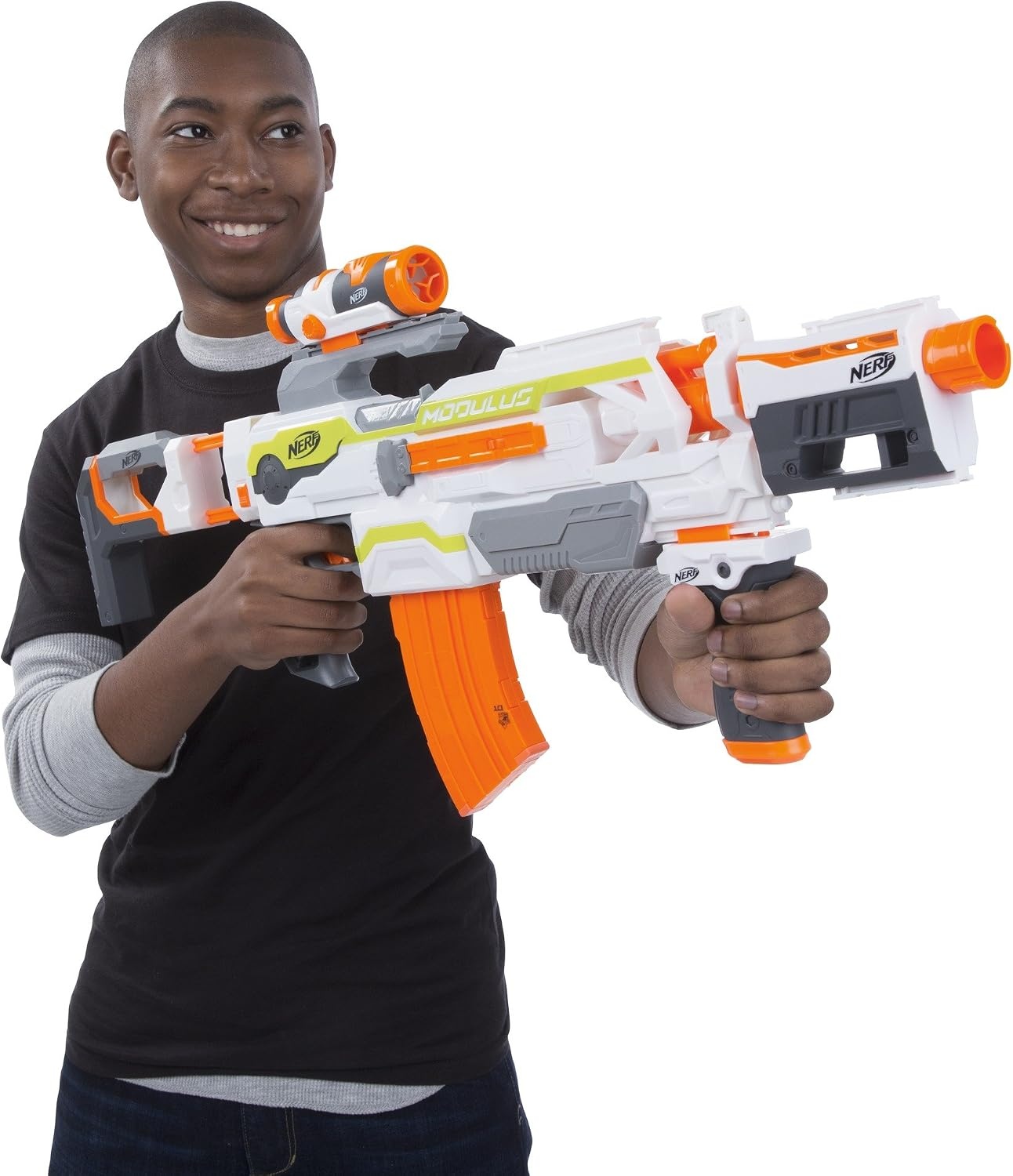 image:imageNERF Modulus ECS Motorized Blaster Removable Scope Drop Grip Barrel Stock 10Dart Clip Amazon ExclusiveFrustrationFree Packaging