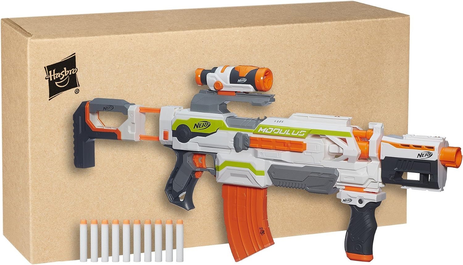 image:imageNERF Modulus ECS Motorized Blaster Removable Scope Drop Grip Barrel Stock 10Dart Clip Amazon ExclusiveFrustrationFree Packaging