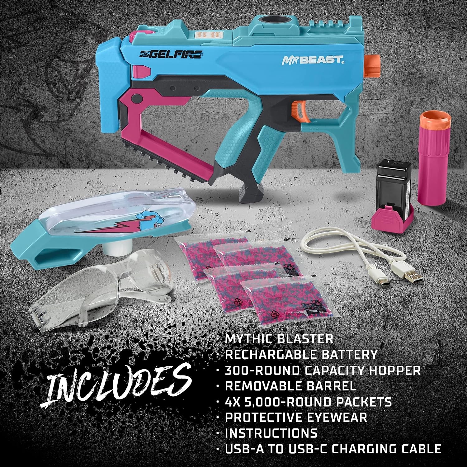 image:imageNERF Pro Gelfire X MrBeast Full Auto Blaster amp 20000 Gelfire Rounds 300 Round Hopper Rechargeable Battery Eyewear Ages 14 amp Up