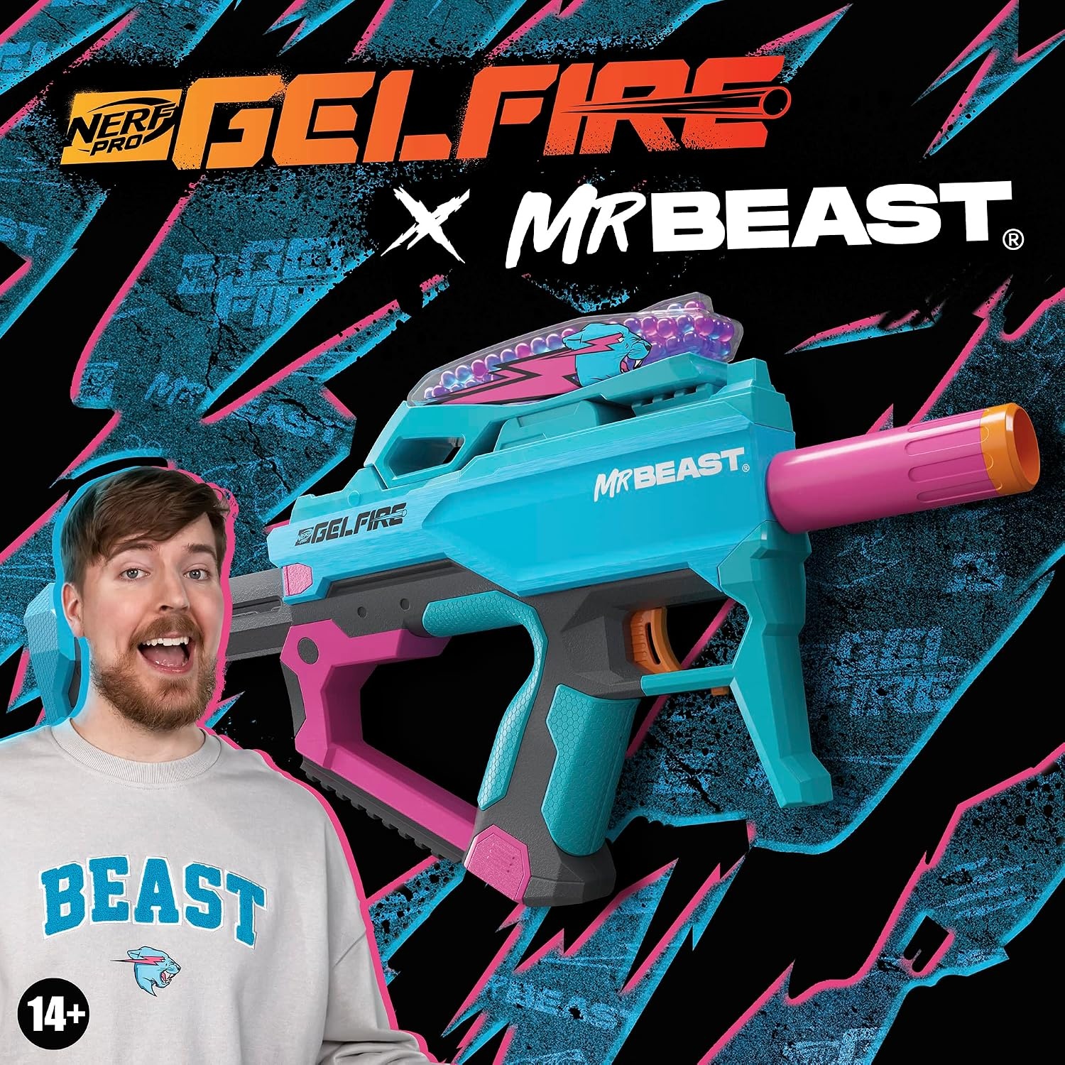 image:imageNERF Pro Gelfire X MrBeast Full Auto Blaster amp 20000 Gelfire Rounds 300 Round Hopper Rechargeable Battery Eyewear Ages 14 amp Up