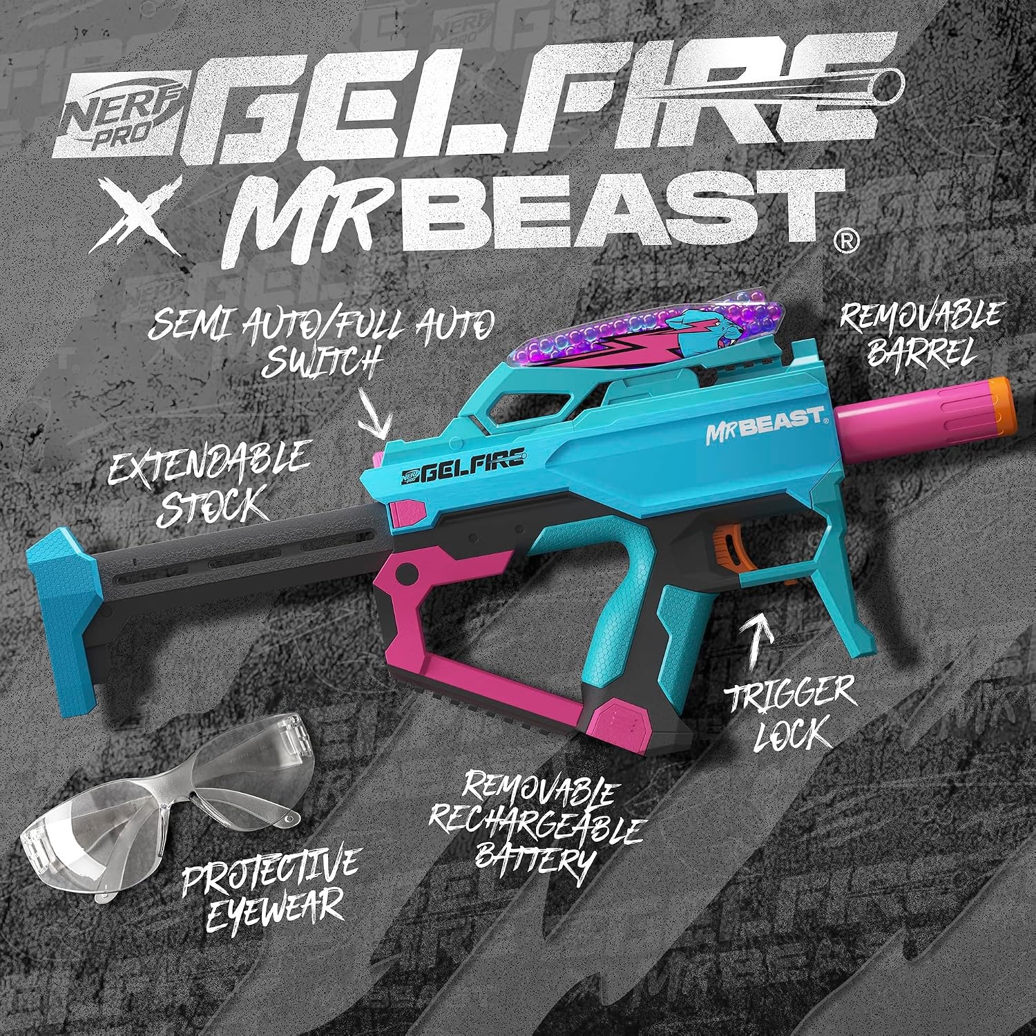 image:imageNERF Pro Gelfire X MrBeast Full Auto Blaster amp 20000 Gelfire Rounds 300 Round Hopper Rechargeable Battery Eyewear Ages 14 amp Up