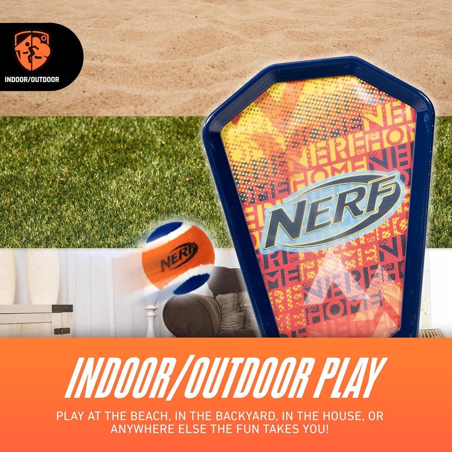 image:imageNerf Toss and Catch Game with Paddles Ball Tennis Catch Game with 2 Self Stick Paddles Perfect Kids Beach Toy Backyard Set Includes 2 Sticky Mitts Tennis Ball