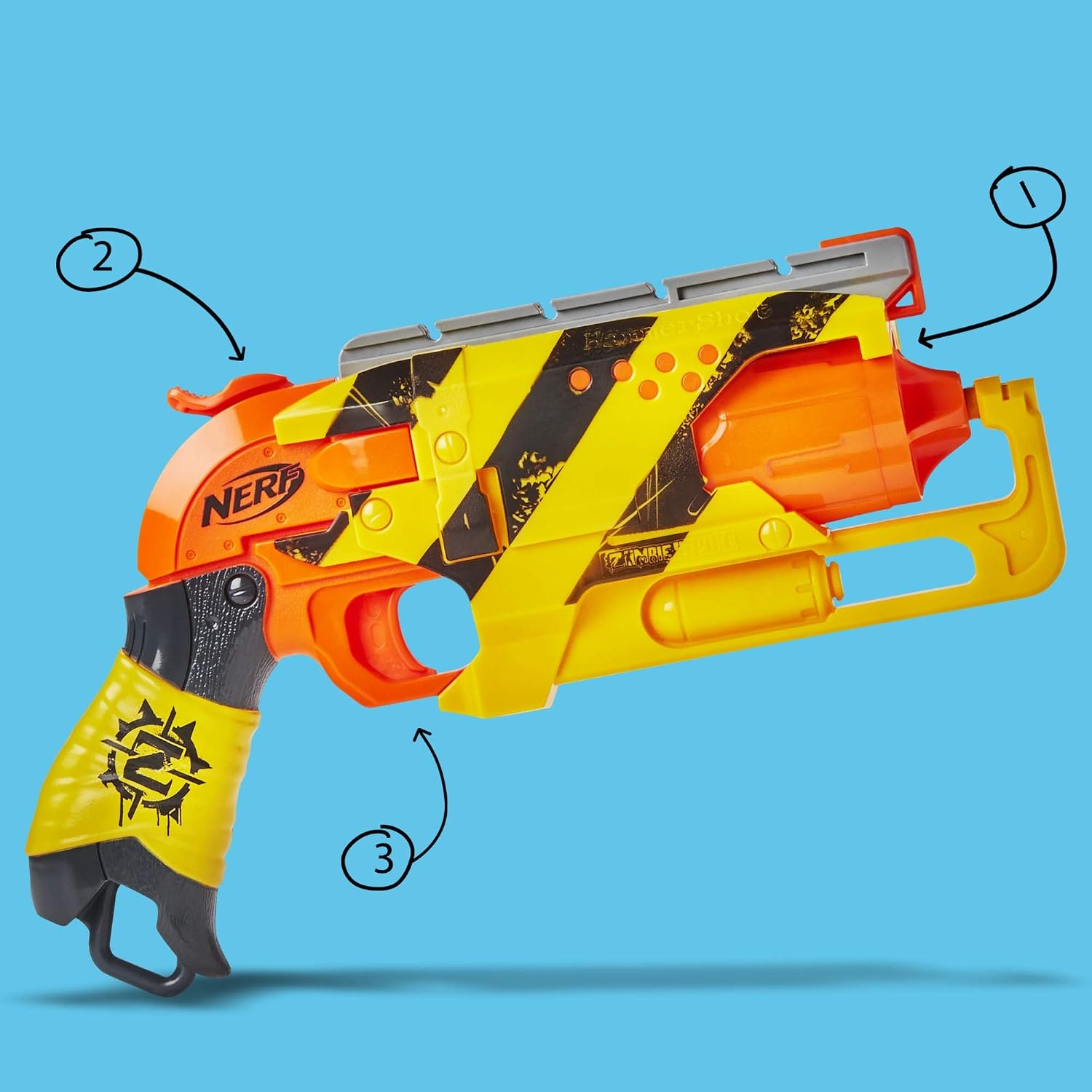 image:imageNerf Zombie Strike Hammershot Blaster PullBack HammerBlasting Action 5 Darts Amazon ExclusiveStripes