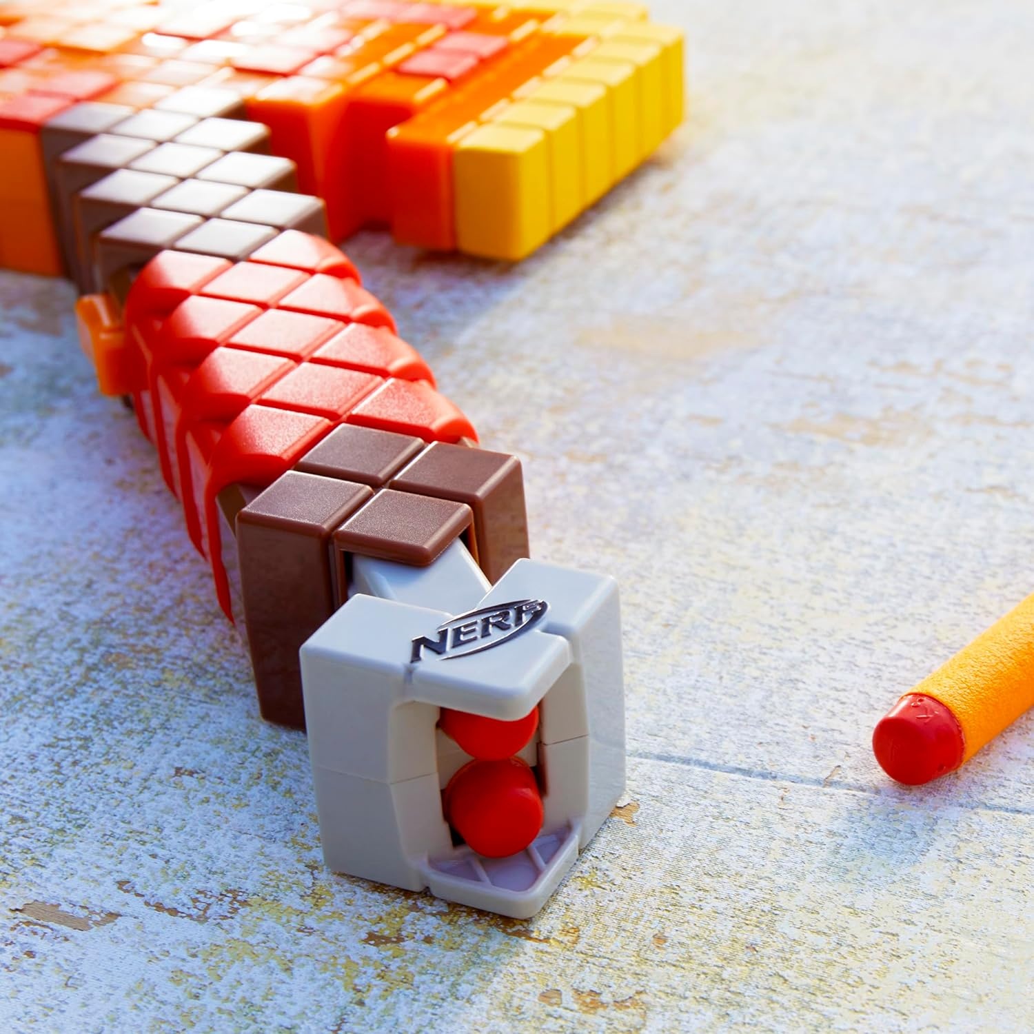 image:imageNERF Minecraft Firebrand Dart Blasting Axe 6 Elite Foam Darts Design Inspired by Minecraft Axe in The Game Pull Down Priming Minecraft Toys