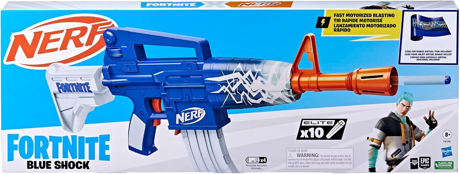 image:imageNerf Fortnite Blue Shock Blaster 10Dart Clip 10 Elite Nerf Darts Includes Bonus Code to Unlock The Beat Wrap in The Game Motorized Dart Blaster