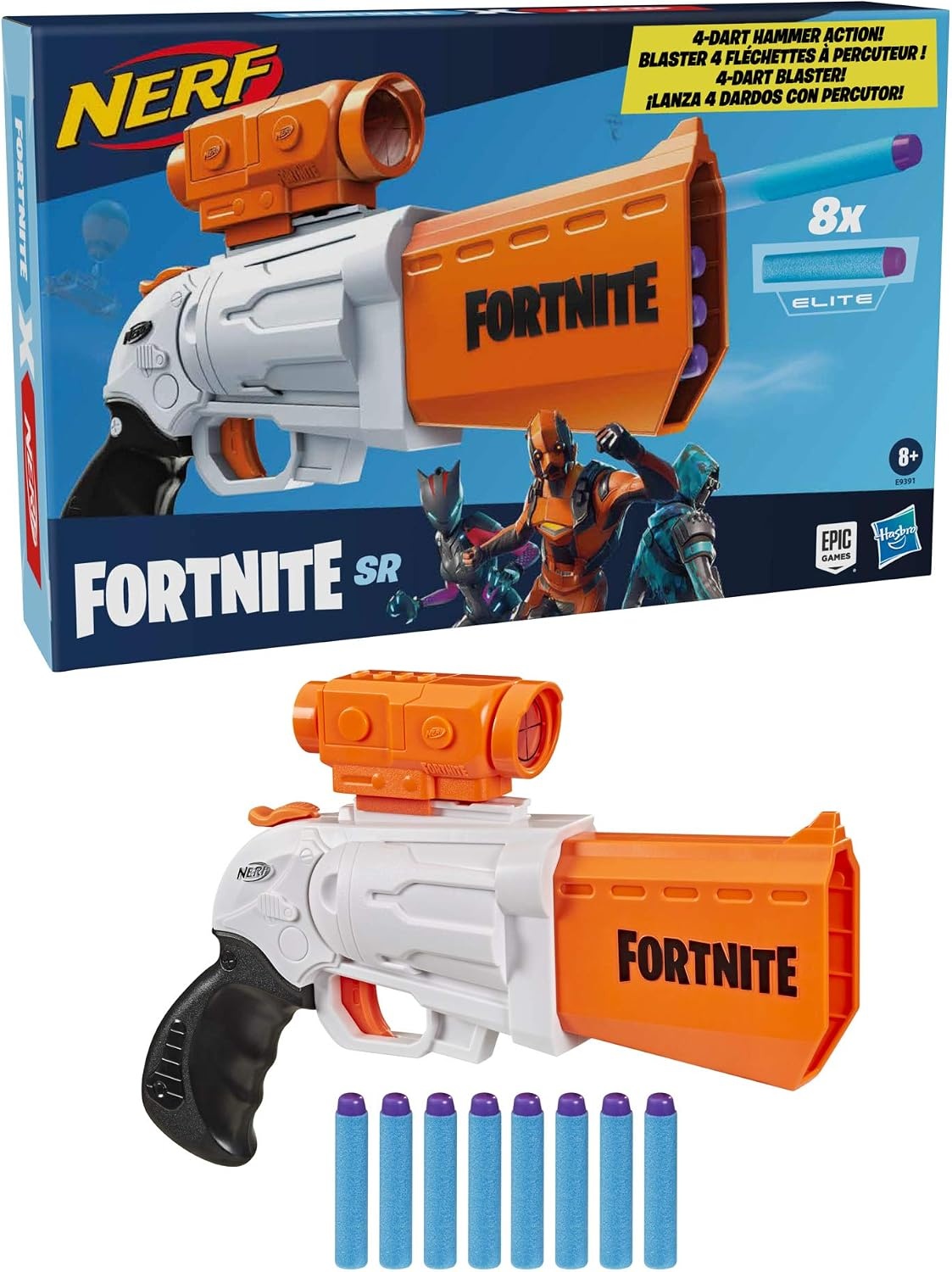 image:imageNerf Fortnite SR Blaster 4Dart Hammer Action Includes Removable Scope and 8 Official Nerf Elite Darts for Youth Teens Adults