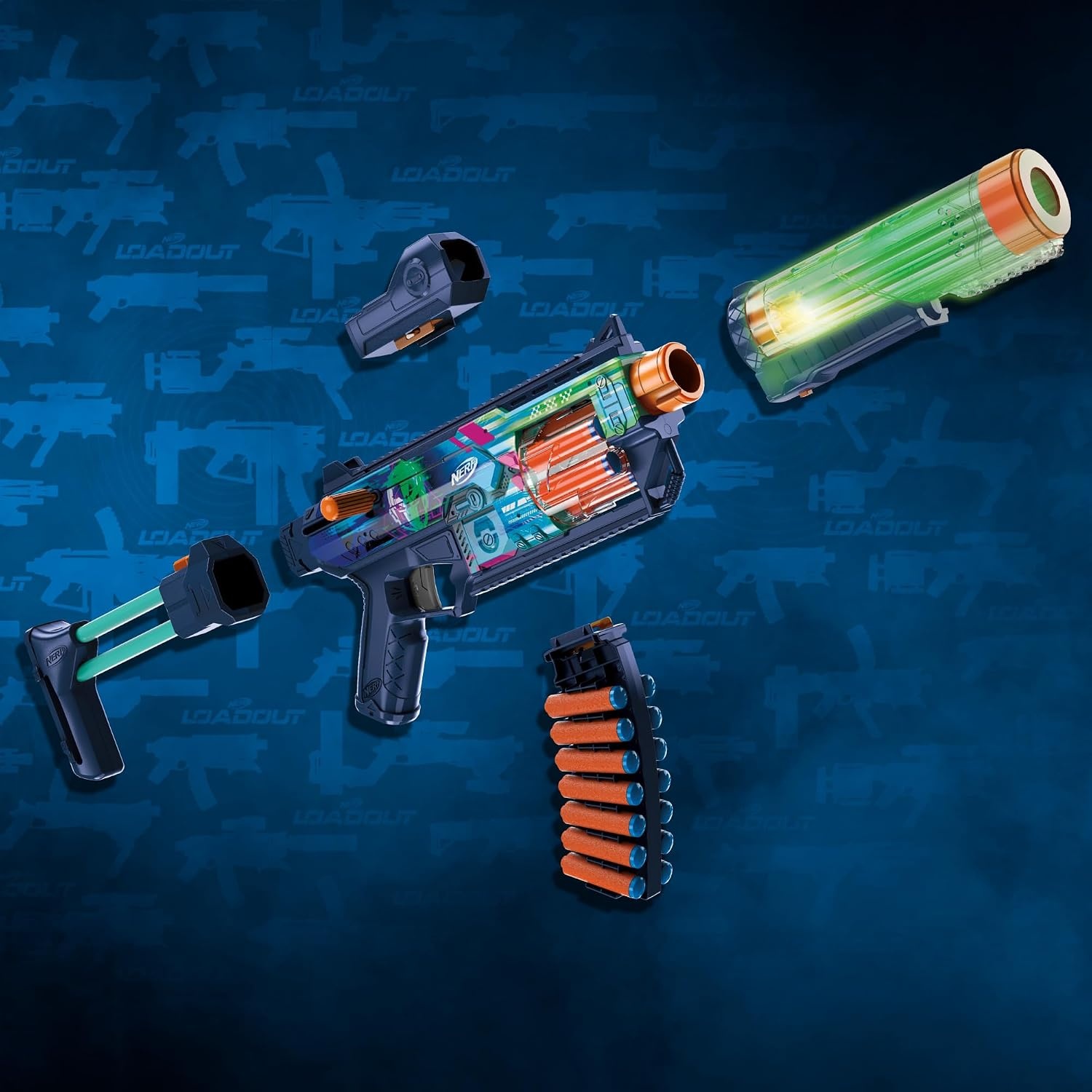 image:imageNerf Loadout Cyberlight Ghost Blaster Electronic Glowing LED Lights 4 Attachment Accessories 24 Nerf N1 Darts Kids Toys amp Gifts Ages 8
