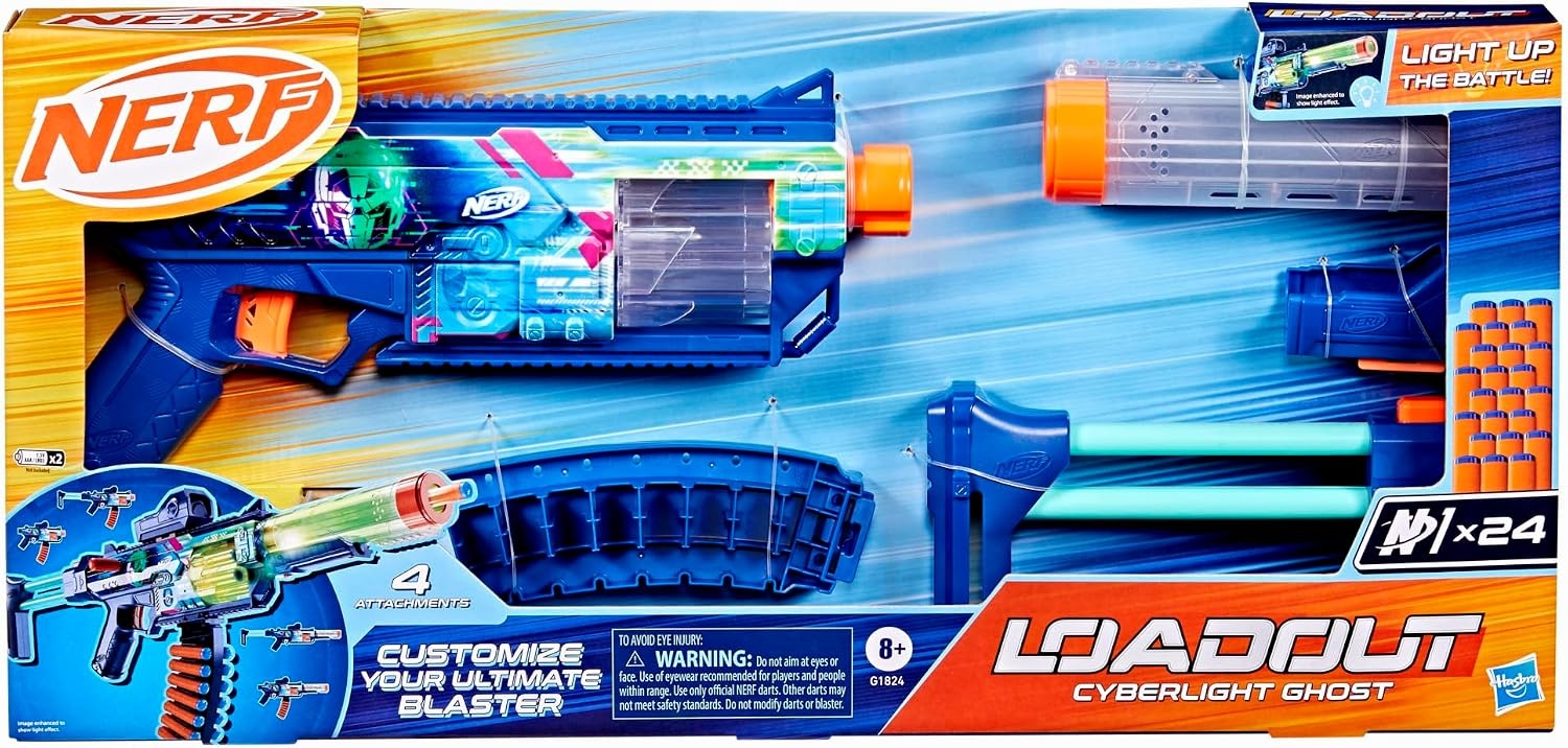 image:imageNerf Loadout Cyberlight Ghost Blaster Electronic Glowing LED Lights 4 Attachment Accessories 24 Nerf N1 Darts Kids Toys amp Gifts Ages 8