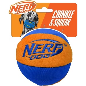 Nerf Dog Trackshot Ball Dog Toy with Interactive Squeaker and Crunch, Lightweight, Durable and Water Resistant, 4.5 Inches, For Medium/Large Breeds, Single Unit, Blue/Orange