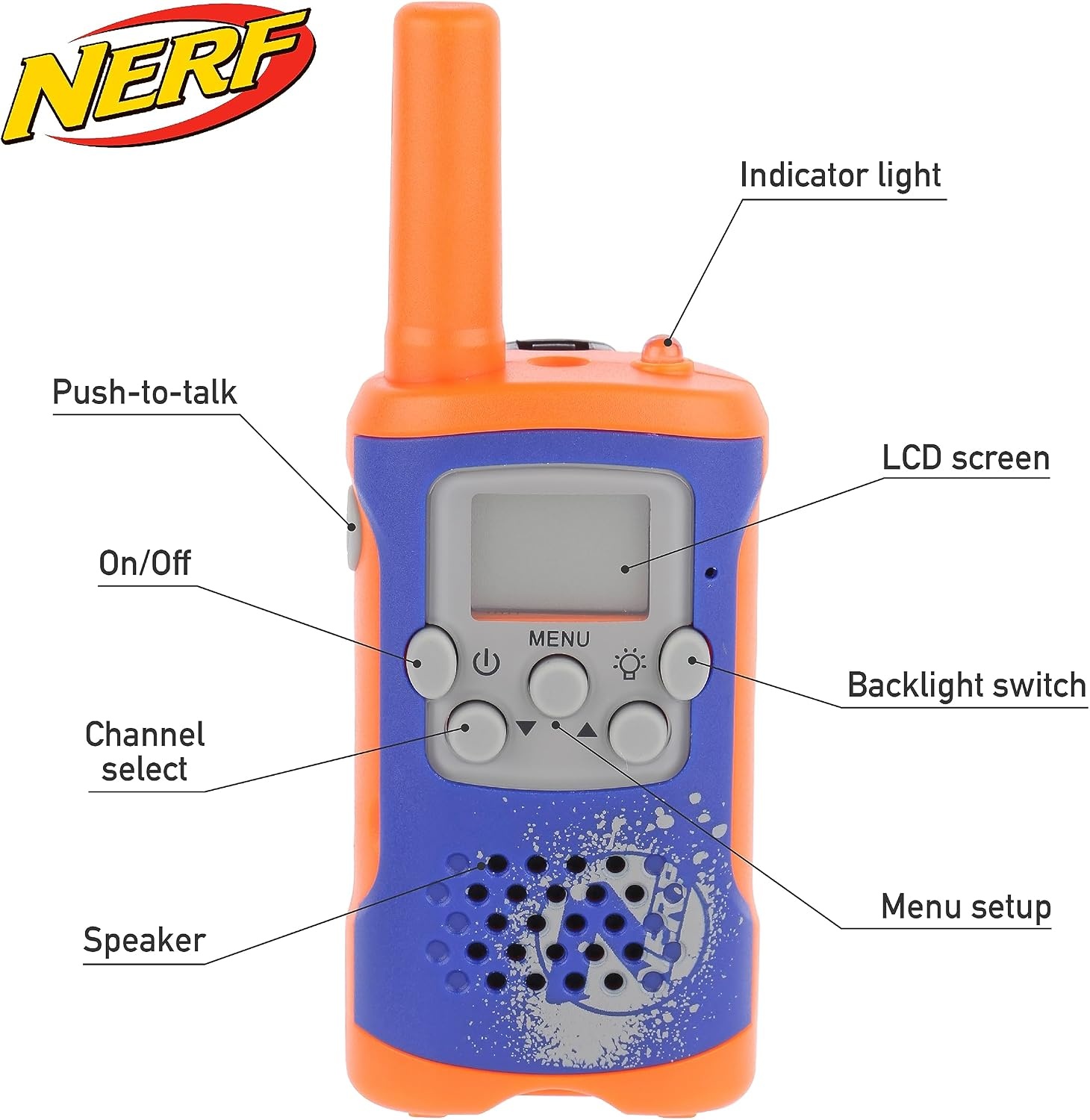 image:imageNERF 10 Mile Walkie Talkies Set 37756 Delivers Transmission with 10 Mile Communication Range Flexible Safety Antenna amp Morse Code with OnOff Switch Orange amp BlackNerf Orange