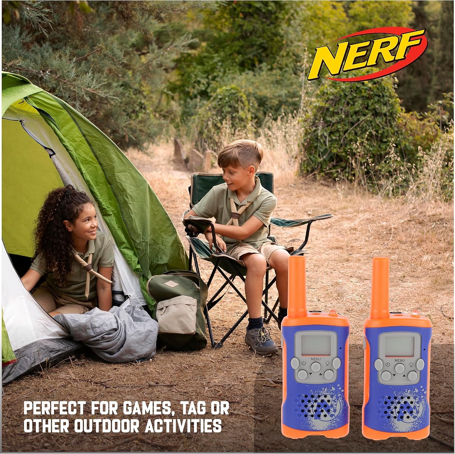 image:imageNERF 10 Mile Walkie Talkies Set 37756 Delivers Transmission with 10 Mile Communication Range Flexible Safety Antenna amp Morse Code with OnOff Switch Orange amp BlackNerf Orange