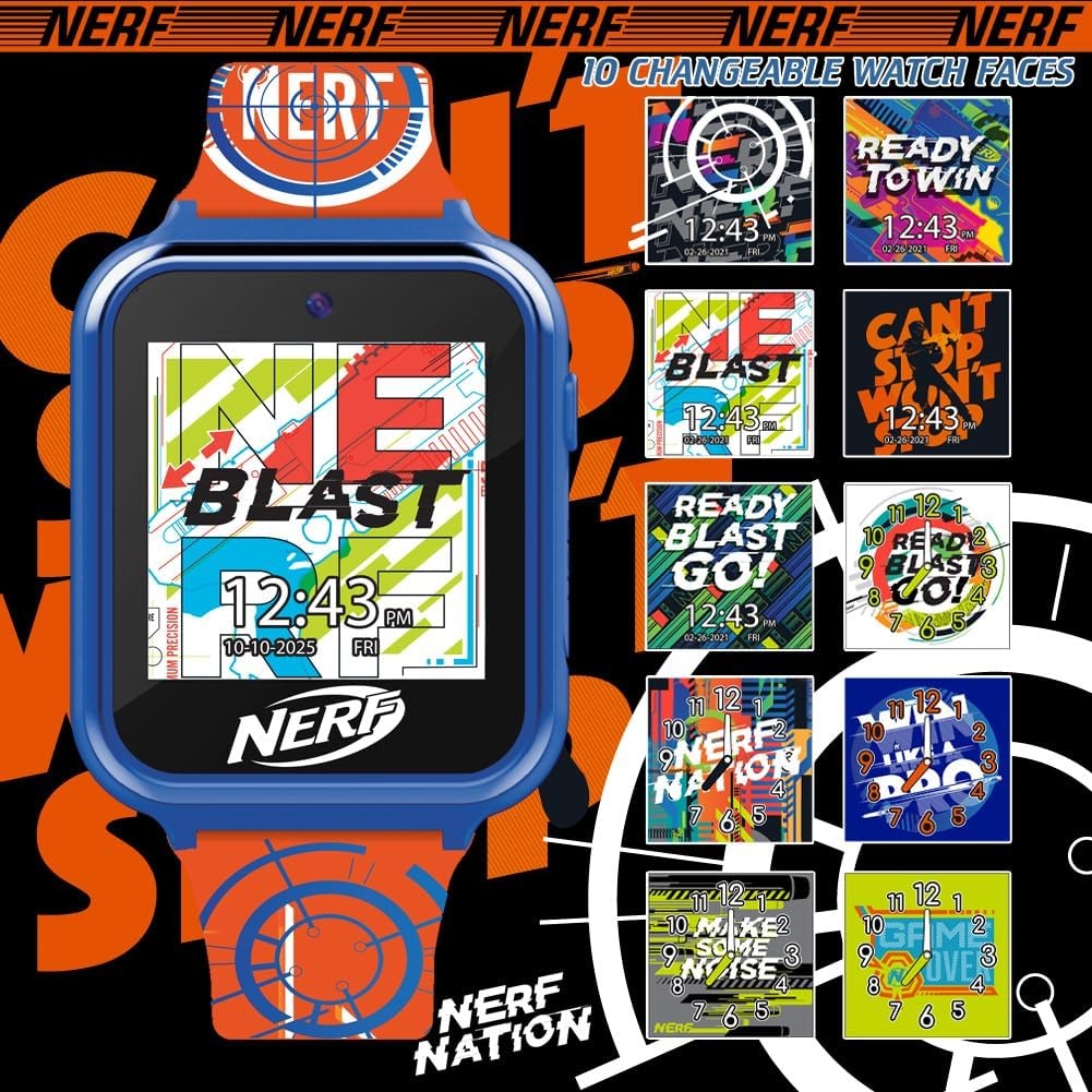 image:imageNERF Kids Smart Watch Interactive Touchscreen with 26 Games Camera Step Counter Music Alarm and ActionReady Silicone Strap Fits Wrists 55 to 80