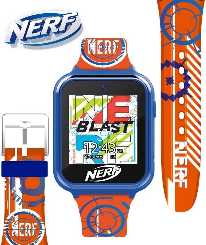 image:imageNERF Kids Smart Watch Interactive Touchscreen with 26 Games Camera Step Counter Music Alarm and ActionReady Silicone Strap Fits Wrists 55 to 80