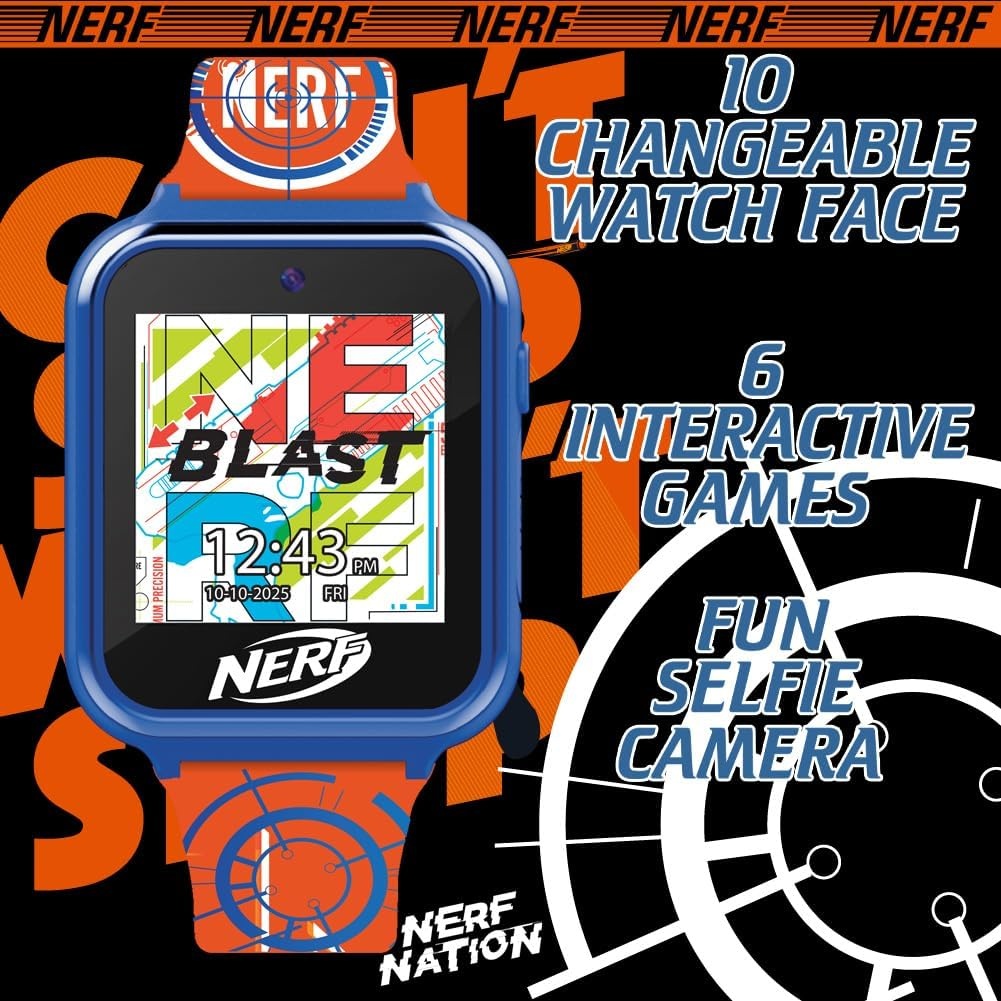 image:imageNERF Kids Smart Watch Interactive Touchscreen with 26 Games Camera Step Counter Music Alarm and ActionReady Silicone Strap Fits Wrists 55 to 80