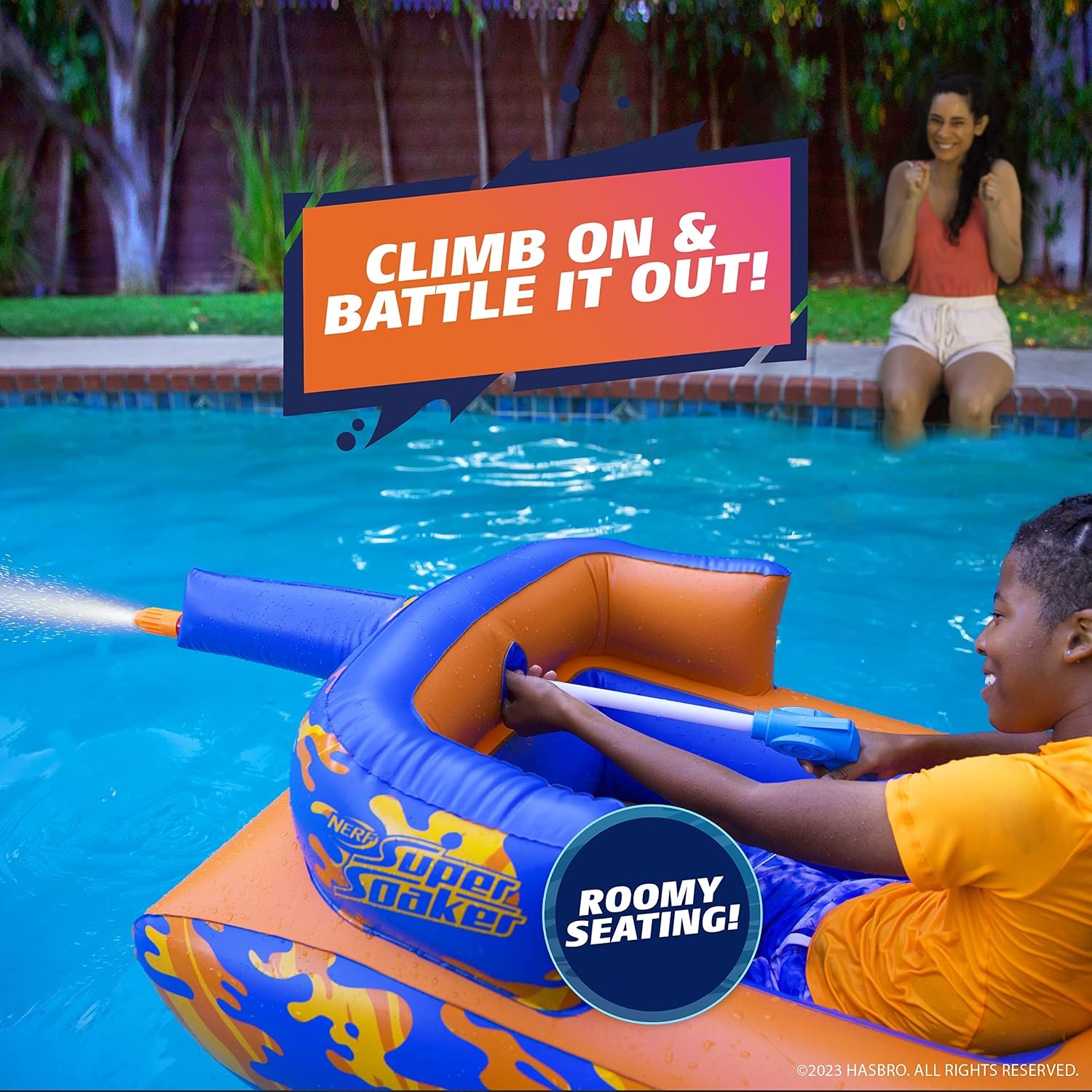 image:imageNERF Super Soaker Megaforce Battle Tank RideOn Inflatable Pool Float with PoolFed Mega Water BlasterMega Tank