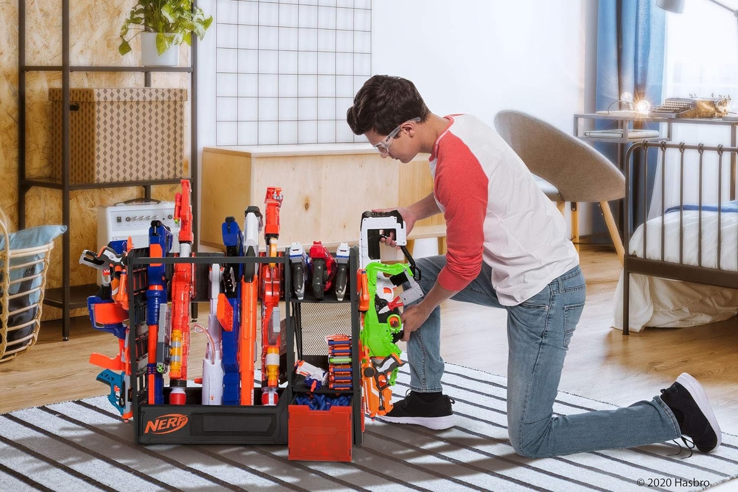image:imageNerf Elite Blaster Rack Storage for up to Six Blasters Including Shelving and Drawers Accessories Orange and Black Amazon Exclusive