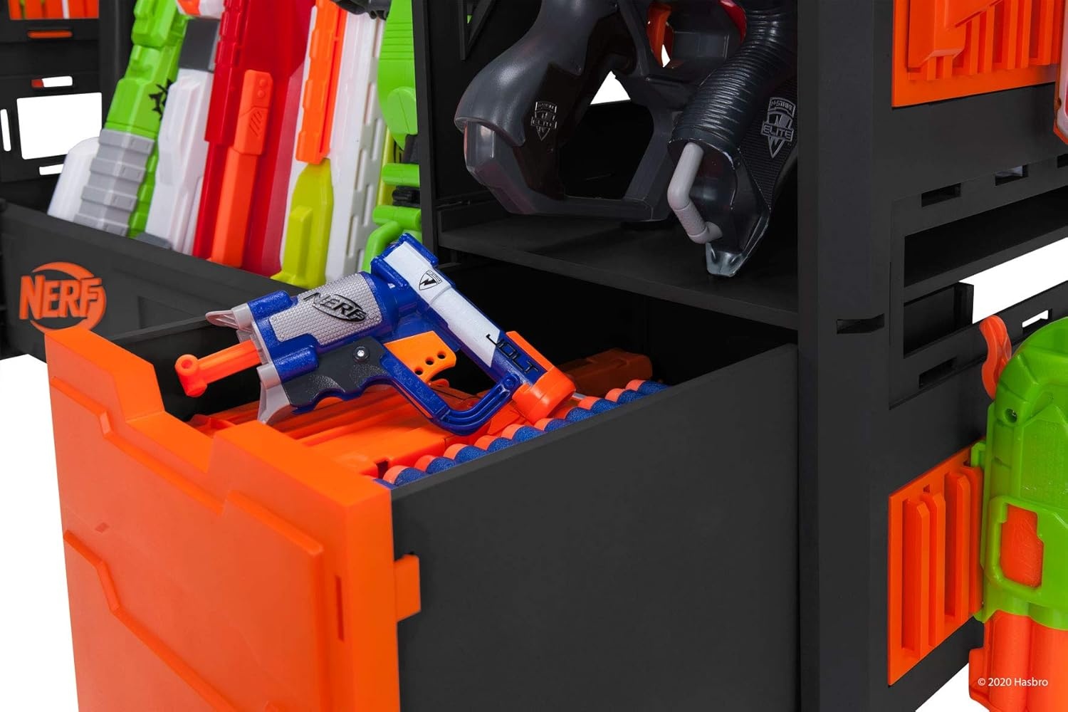 image:imageNerf Elite Blaster Rack Storage for up to Six Blasters Including Shelving and Drawers Accessories Orange and Black Amazon Exclusive