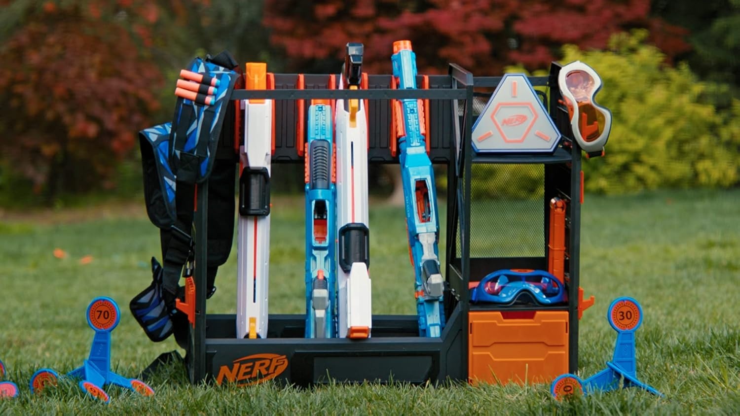 image:imageNerf Elite Blaster Rack Storage for up to Six Blasters Including Shelving and Drawers Accessories Orange and Black Amazon Exclusive