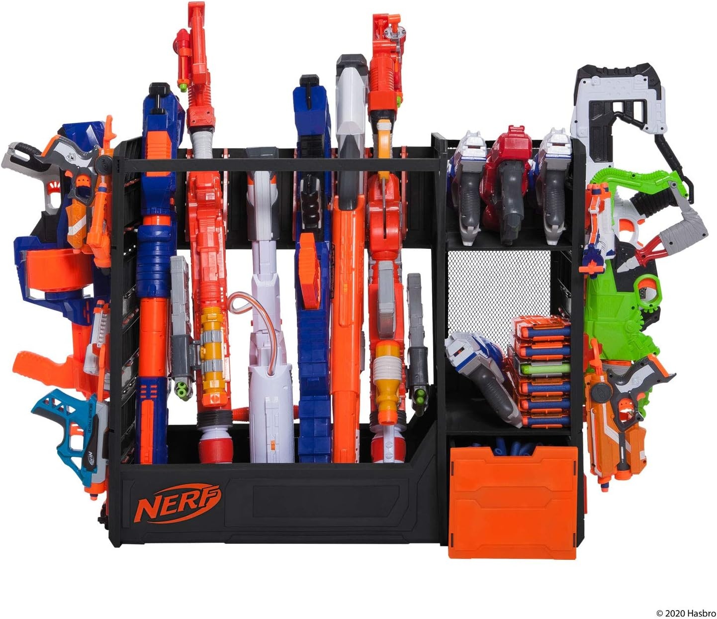 image:imageNerf Elite Blaster Rack Storage for up to Six Blasters Including Shelving and Drawers Accessories Orange and Black Amazon Exclusive