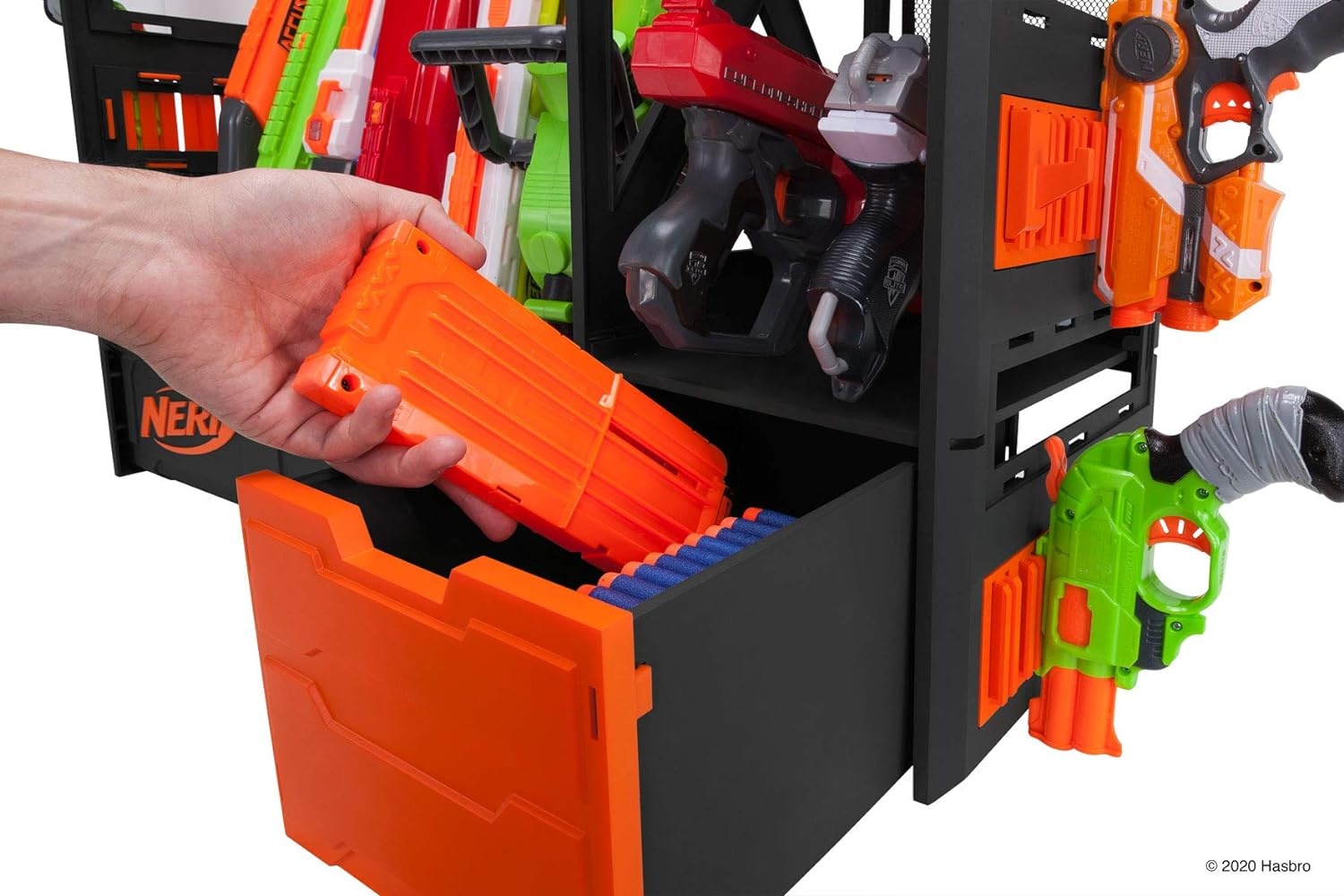 image:imageNerf Elite Blaster Rack Storage for up to Six Blasters Including Shelving and Drawers Accessories Orange and Black Amazon Exclusive
