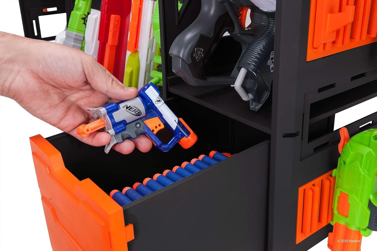 image:imageNerf Elite Blaster Rack Storage for up to Six Blasters Including Shelving and Drawers Accessories Orange and Black Amazon Exclusive