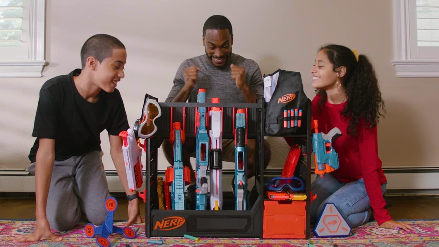 image:imageNerf Elite Blaster Rack Storage for up to Six Blasters Including Shelving and Drawers Accessories Orange and Black Amazon Exclusive