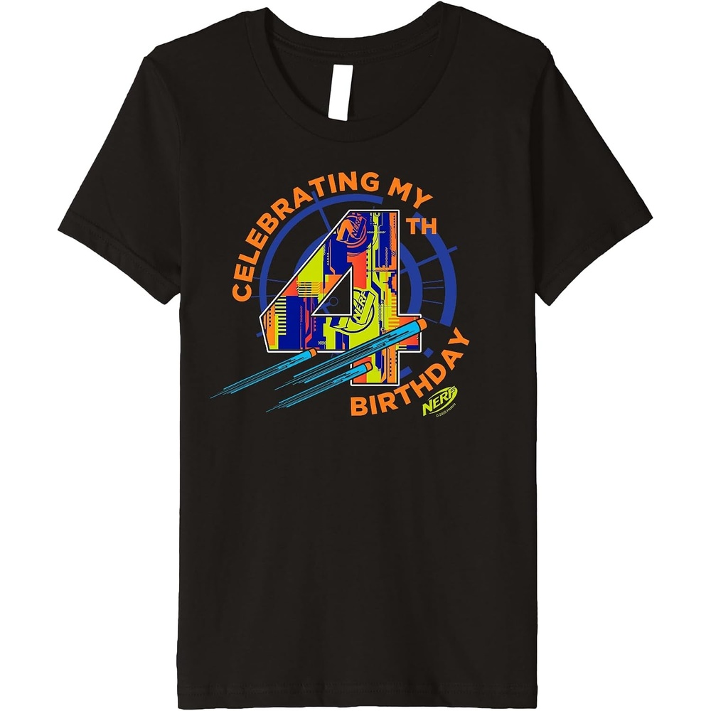 image:imageKids Nerf Birthday Celebrating My 4th Graphic Color Filled Logo Premium TShirt