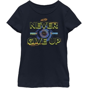 Hasbro Girls’ Nerf Never Give Up Girl’s Solid Crew Tee(Navy Blue)