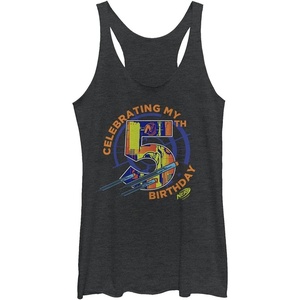 Hasbro Womens Nerf Celebrating My 5th Birthday Tri-Blend Racerback Layering Tank(Black Heather)
