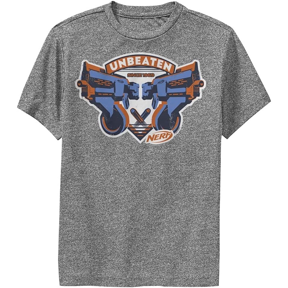 image:imageHasbro boys Nerf Unbeaten Badge Boys Performance Tee T Shirt Charcoal Heather XLarge US
