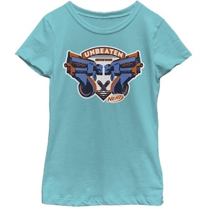 Hasbro Girls Nerf Unbeaten Badge Girl’s Solid Crew Tee(Tahiti Blue)