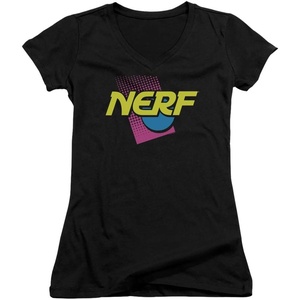 Nerf 90S Logo Juniors’ Sheer Fitted V-Neck T Shirt(Black)