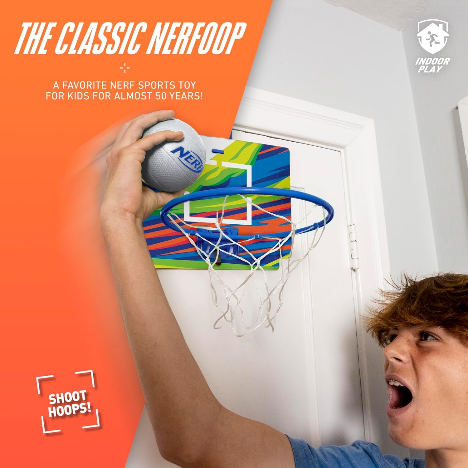 image:imageNerf Mini Over the Door Basketball Hoop Nerfoop Indoor Basketball Hoop for Kids Toy Door Basketball Hoop Mini Foam Basketball Game Set Perfect for Bedroom Indoor Basketball BlueBlue