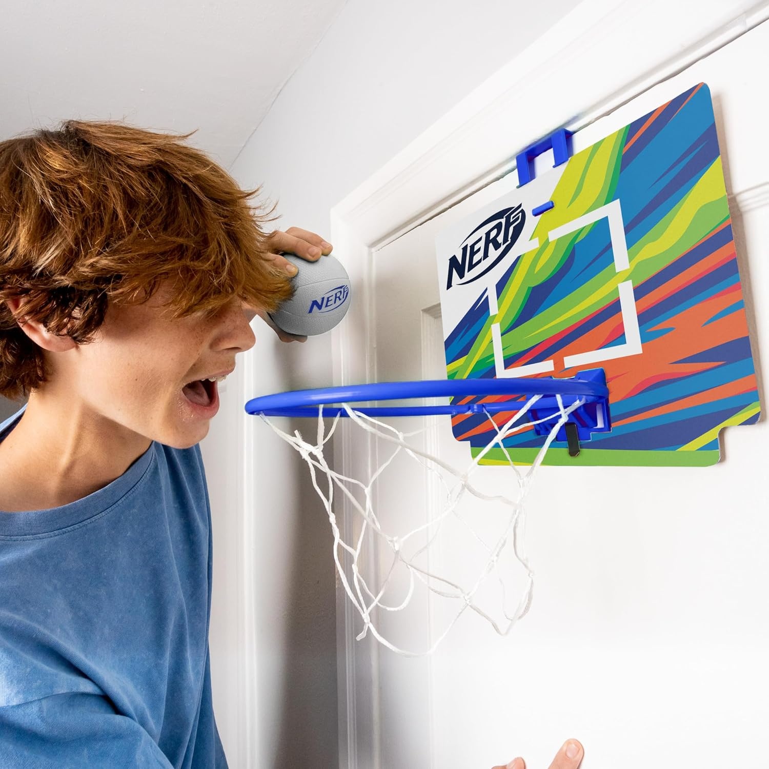 image:imageNerf Mini Over the Door Basketball Hoop Nerfoop Indoor Basketball Hoop for Kids Toy Door Basketball Hoop Mini Foam Basketball Game Set Perfect for Bedroom Indoor Basketball BlueBlue