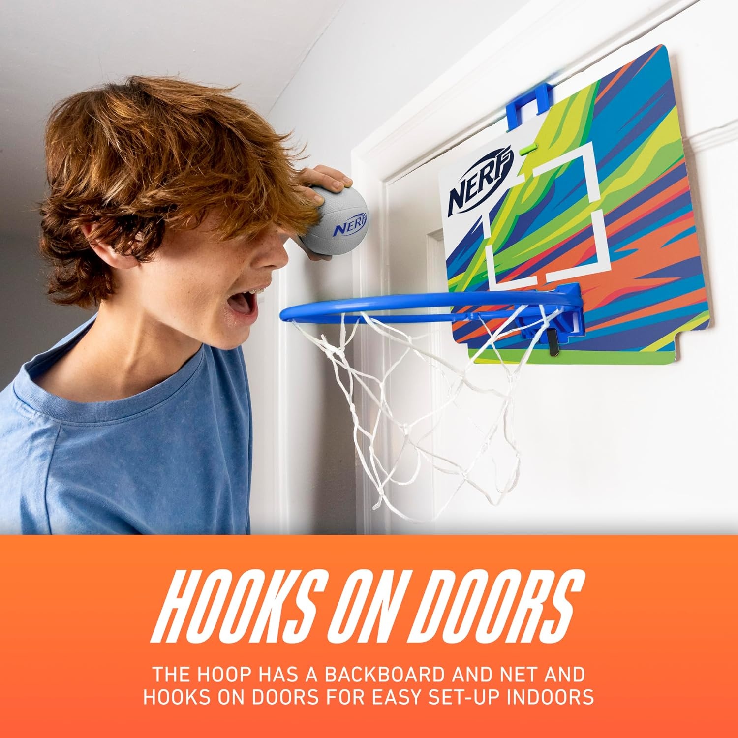 image:imageNerf Mini Over the Door Basketball Hoop Nerfoop Indoor Basketball Hoop for Kids Toy Door Basketball Hoop Mini Foam Basketball Game Set Perfect for Bedroom Indoor Basketball BlueBlue