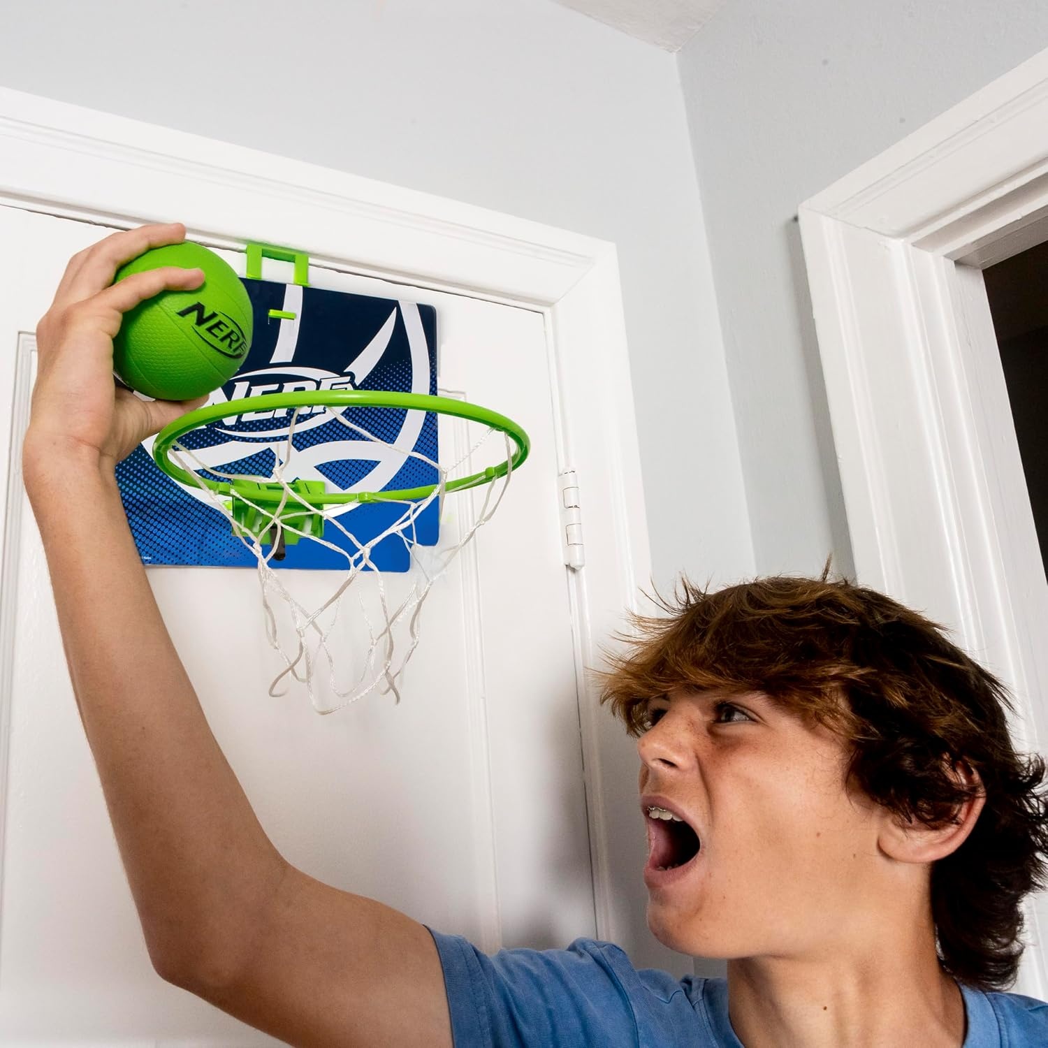 image:imageNerf Mini Over the Door Basketball Hoop Nerfoop Indoor Basketball Hoop for Kids Toy Door Basketball Hoop Mini Foam Basketball Game Set Perfect for Bedroom Indoor Basketball BlueGreen
