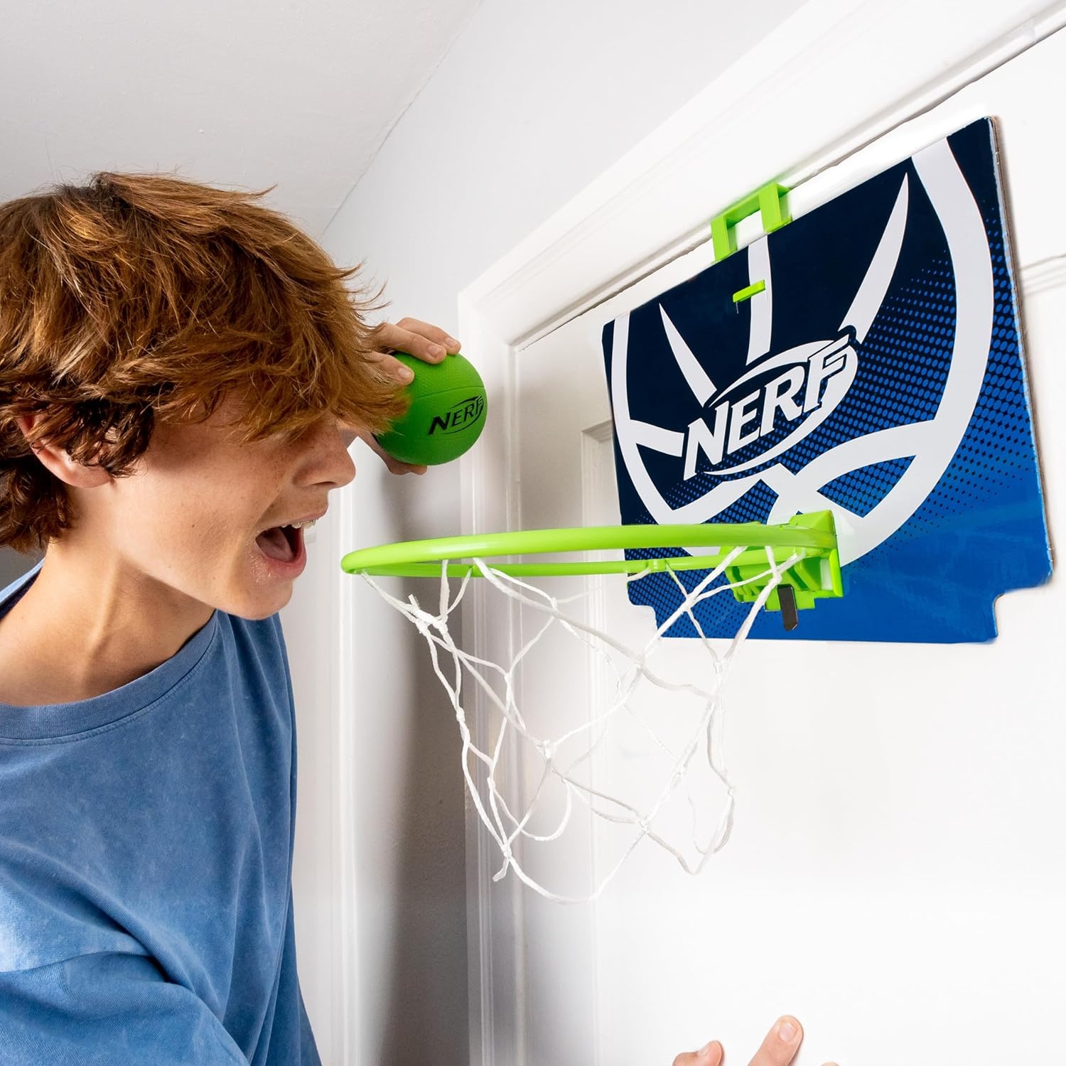 image:imageNerf Mini Over the Door Basketball Hoop Nerfoop Indoor Basketball Hoop for Kids Toy Door Basketball Hoop Mini Foam Basketball Game Set Perfect for Bedroom Indoor Basketball BlueGreen