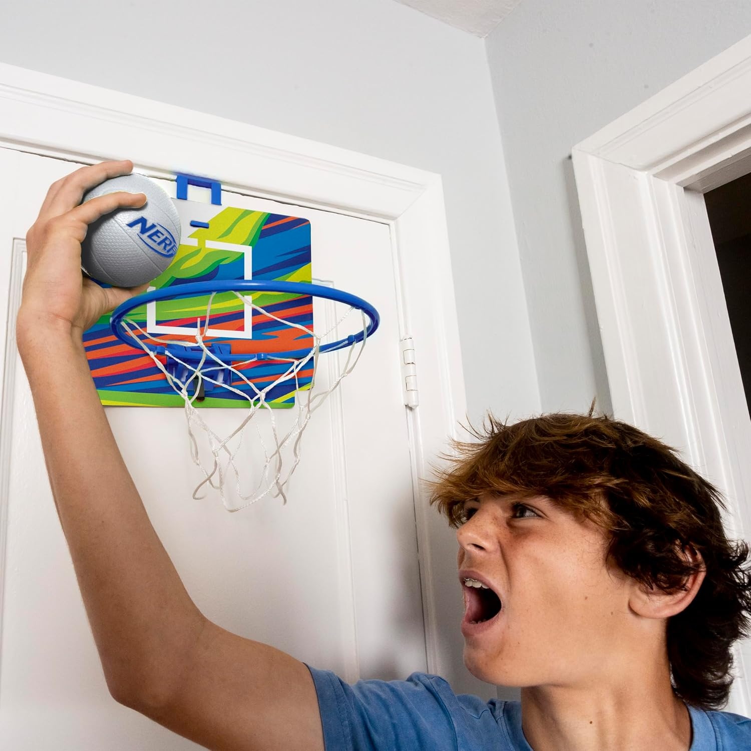 image:imageNerf Mini Over the Door Basketball Hoop Nerfoop Indoor Basketball Hoop for Kids Toy Door Basketball Hoop Mini Foam Basketball Game Set Perfect for Bedroom Indoor Basketball BlueBlue