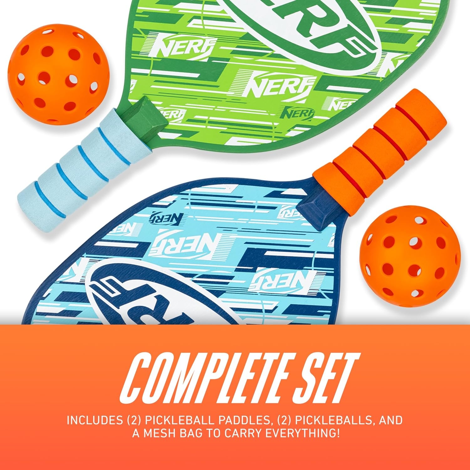 image:imageNERF 2 Player Pickleball Paddle Set Youth Pickleball Equipment Set 2 Wooden Paddles with Foam Grips 2 Outdoor Balls for Kids Carry Bag Included8 x 15