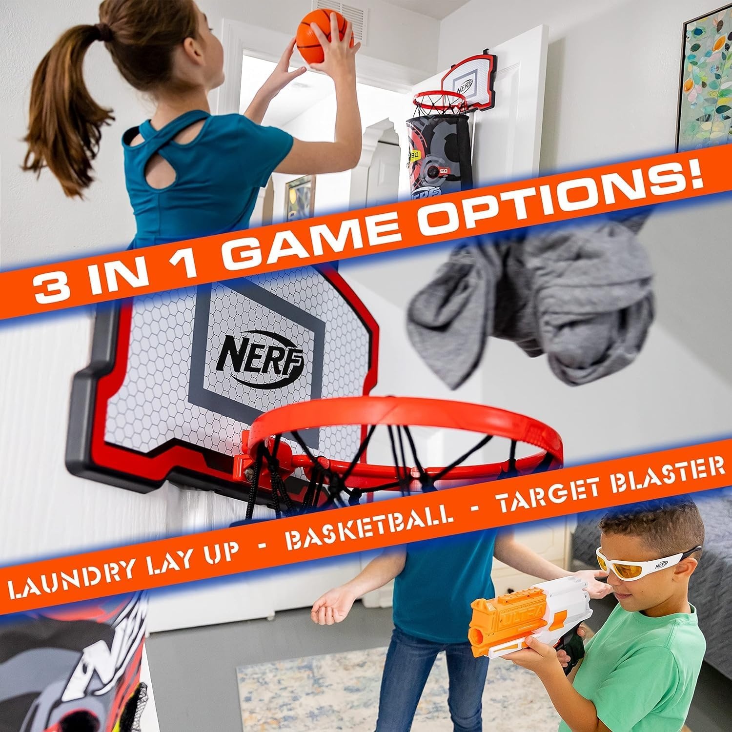 image:imageNERF 3in1 Laundry Layup Basketball Hoop Hamper OverDoor